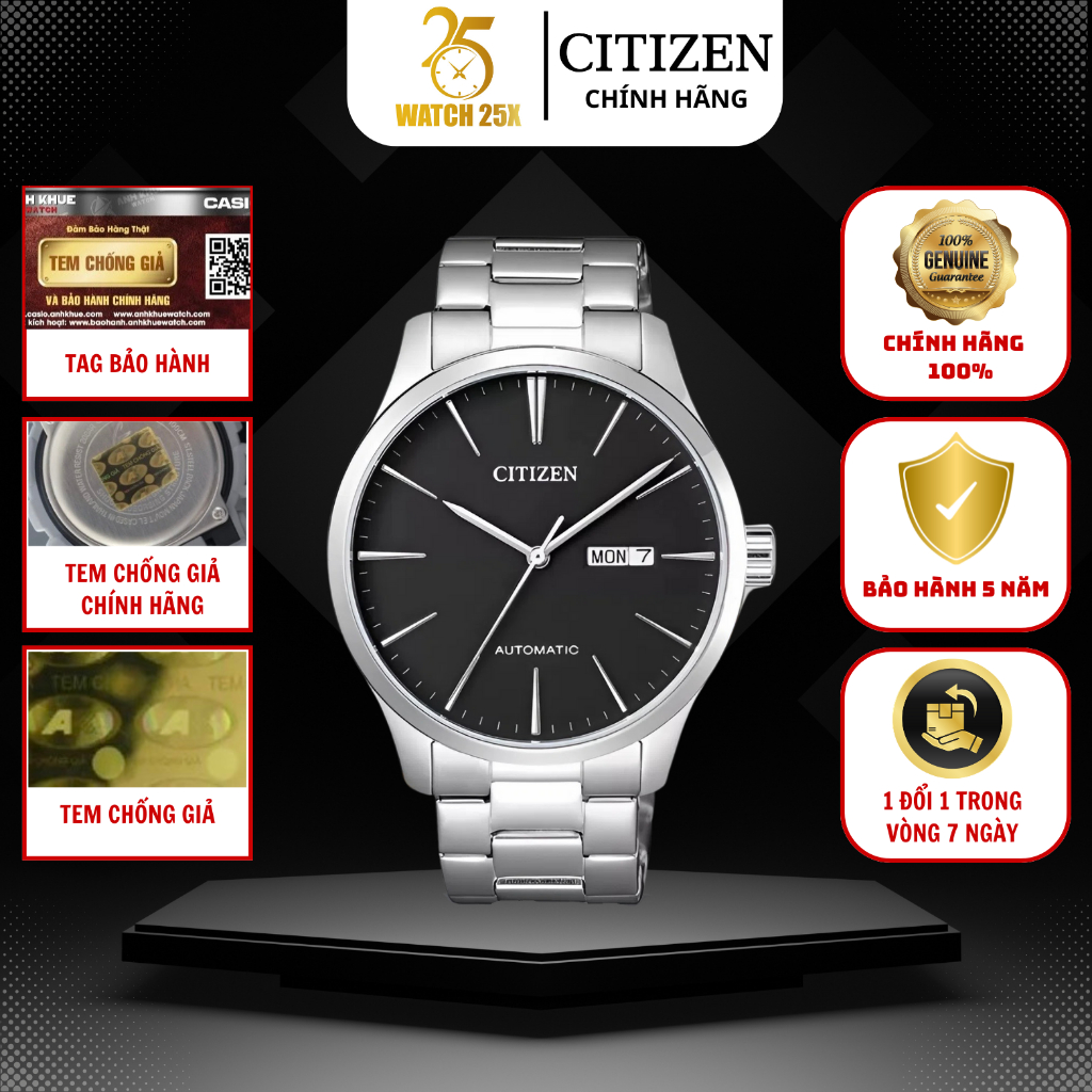 Đồng Hồ Nam Citizen NH8350-83E Watch25x Máy Tự Động Cal 8200 Dây Kim Loại Lưới Mặt Đen Lịch Kép
