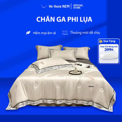 Bộ Ga Giường Lụa Thái He thong NEM Cao Cấp Set 5 Món Gồm Chăn Ga Gối Mền Trải Giường Mùa Thu Sang Trọng