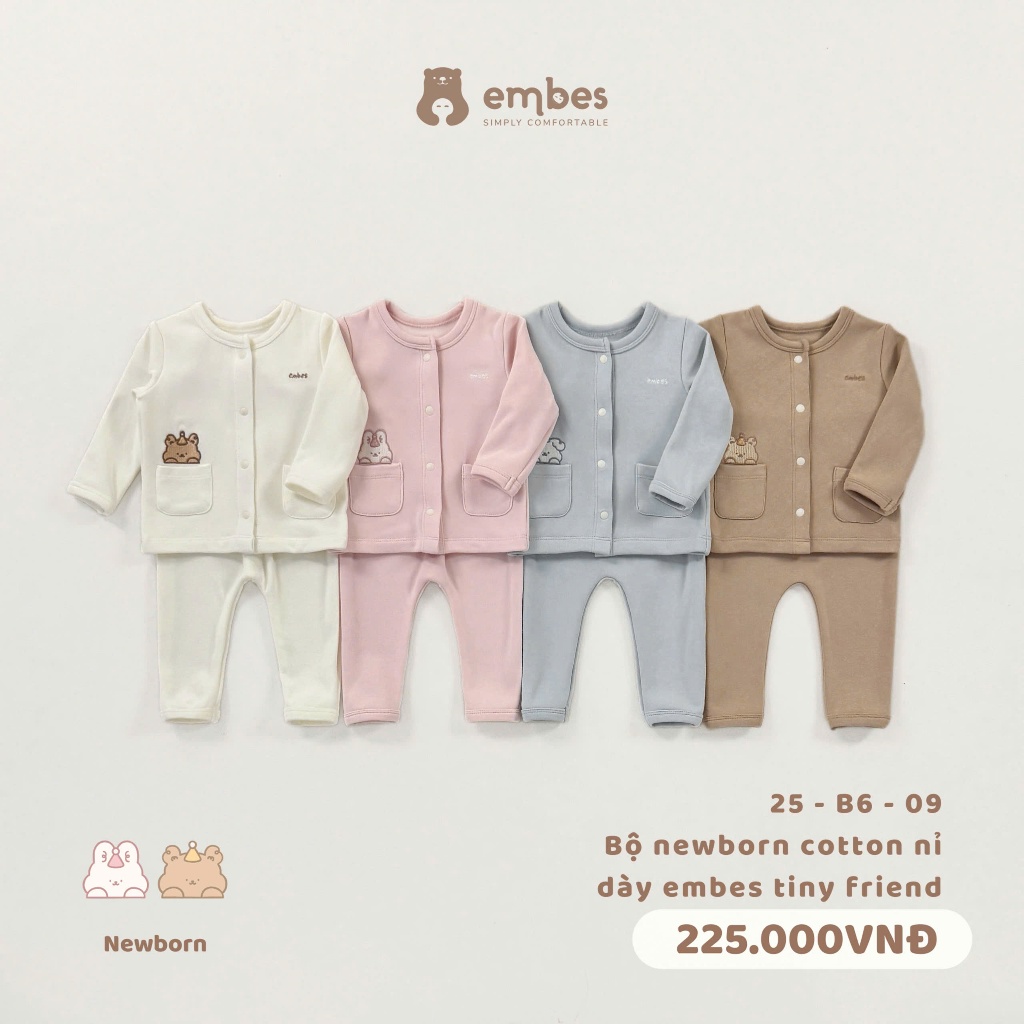Bộ Sơ Sinh Embes, Bộ Dài Tay Cài Thẳng Thêu Hình Chất Cotton Dày Dặn Cho Bé Sơ Sinh Từ 0-9 Tháng