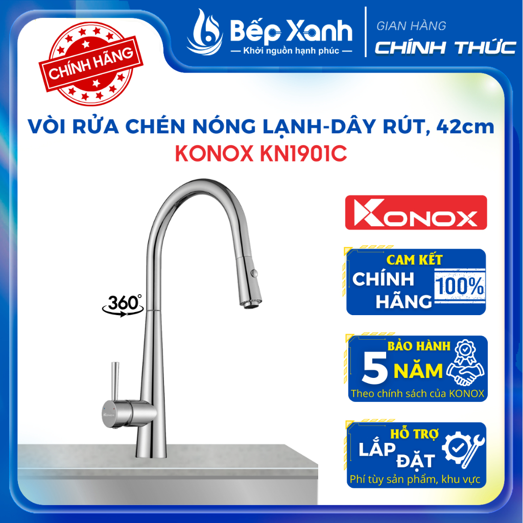 Vòi rửa chén dây rút nóng lạnh Konox KN1901C - Bảo hành chính hãng 5 Năm