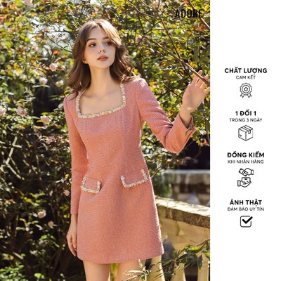 512DR7018 - Đầm tweed cam hồng phối dây trang trí ADORE