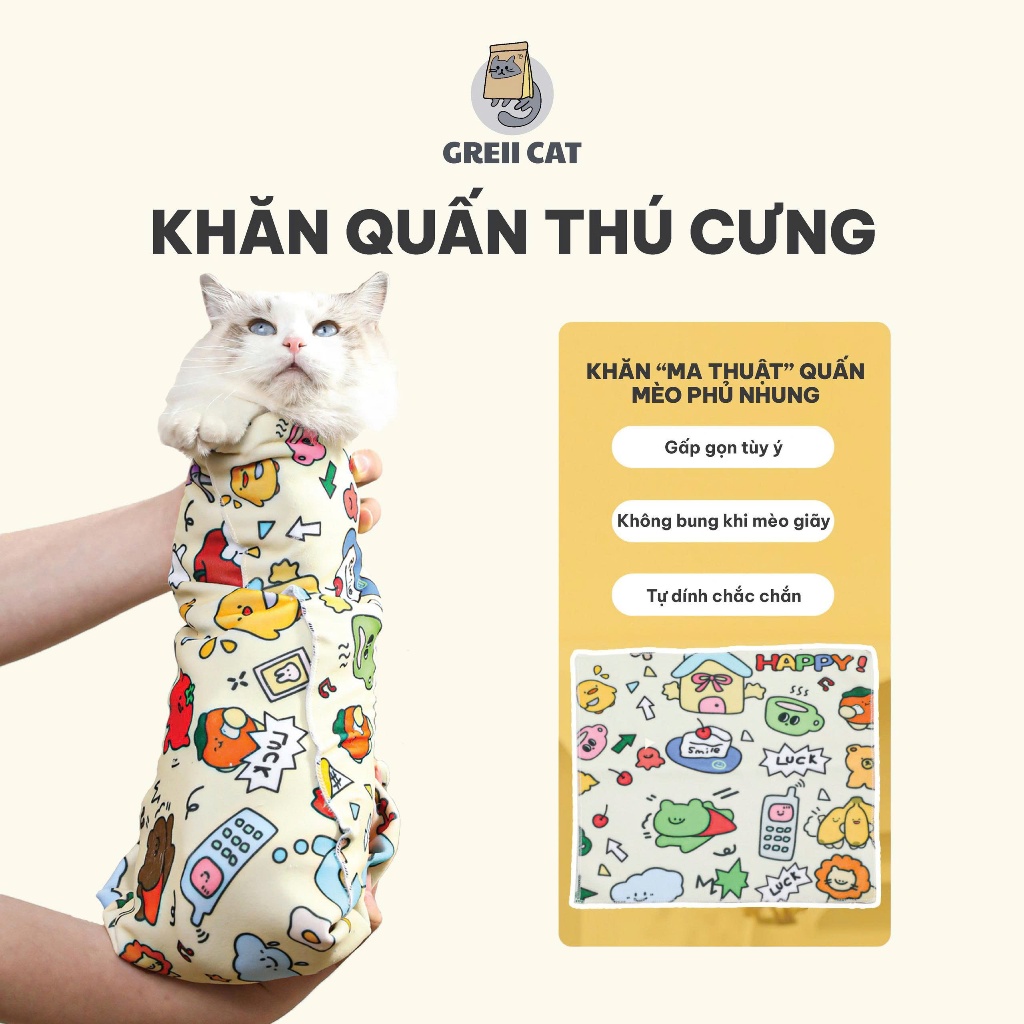 Vải Quấn Tự Dính Cho Mèo – Khăn Quấn Đa Năng, Dễ Thương, Cố Định Khi Cắt Móng & Chống Trầy Xước