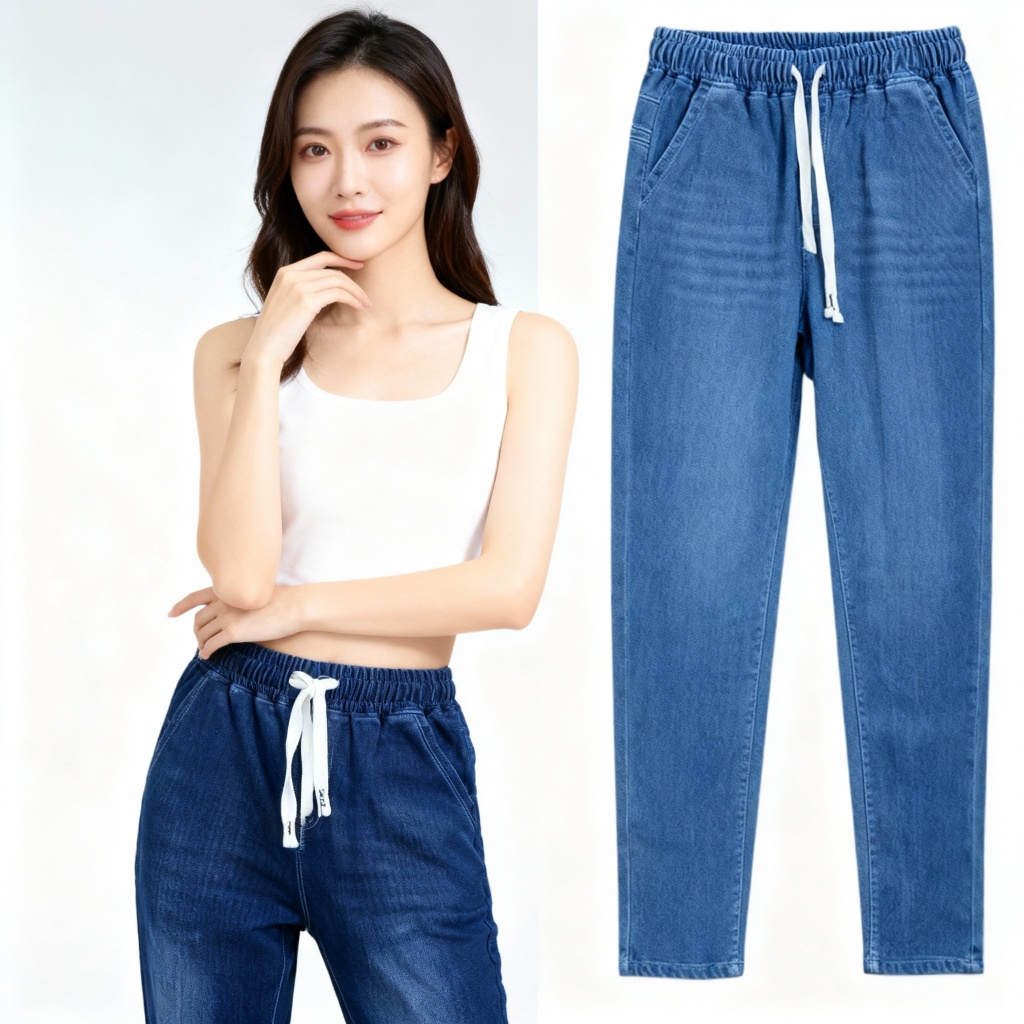 Combo 2 quần dài jean lưng nữ, quần baggy jean ống ôm lưng thun co giãn -HOANGMYSHOP Quần jean dài