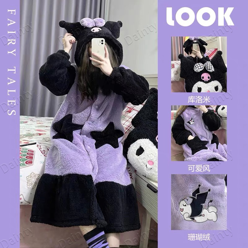 Kuromi Coral Wool Pajama Nữ sinh Mùa đông Dày Dài Dễ thương Pajama Ký túc xá Có thể Mặc