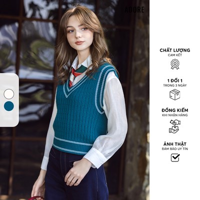 512KN2001 - Áo gile len cổ tim rêu line Trắng/ trắng line Đen ADORE