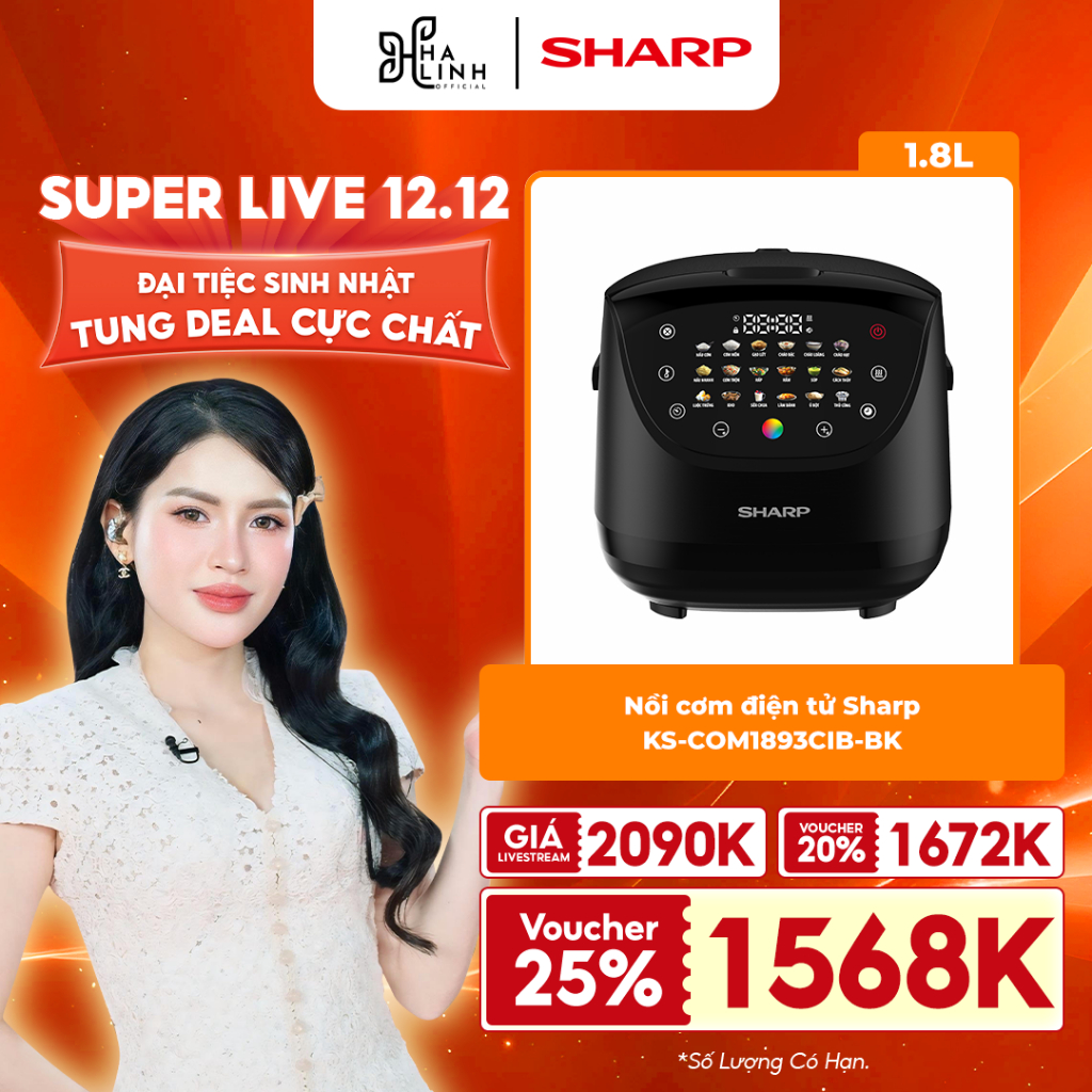  Võ Hà Linh x Sharp  Nồi Cơm Điện Tử Sharp KS-COM1893CIB-BK - 1.8L Đa Chức Năng Lòng Chống Dính  