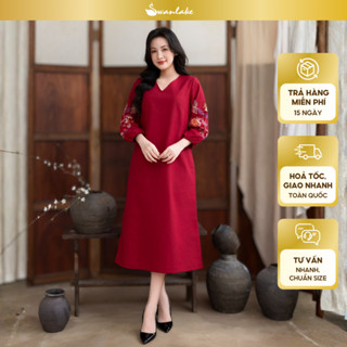  SWANLAKE | Váy Đầm Nữ Midi Suông Xẻ Tà Cổ V Tay Lỡ Thêu Hoa Nổi Vải Linen Công Sở Tiệc Có Túi D12131 