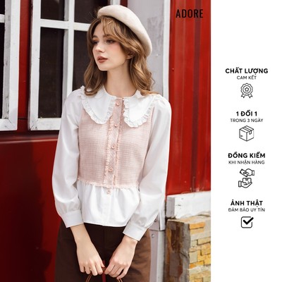 512SH1033 - Sơ mi tech hồng nhạt phối cổ Peter pan ADORE