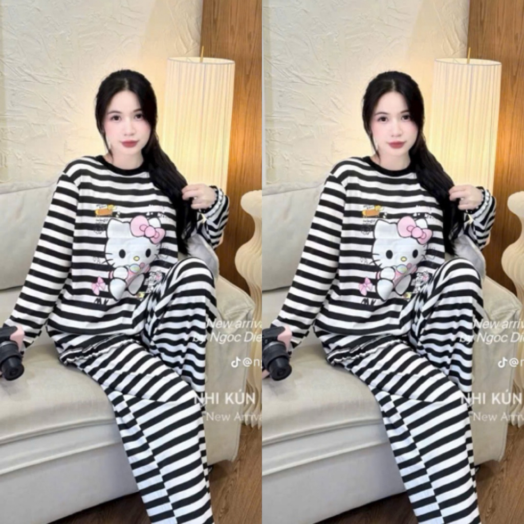 Set Bộ Nữ , Set Bộ Thun Cotton Kẻ May Bèo In Hình Cattyy C250