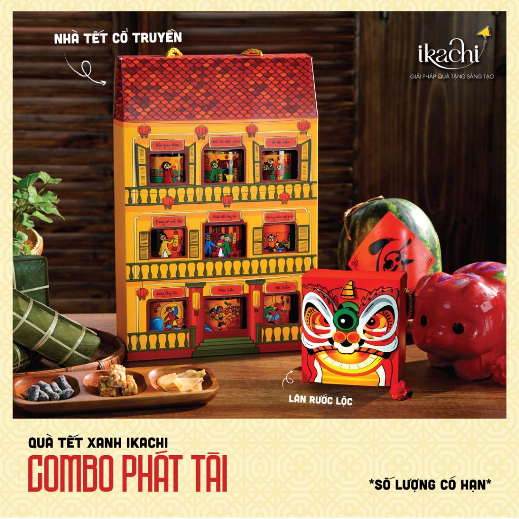 COMBO QUÀ TẾT PHÁT TÀI 2026 - COMBO 2 Hộp Quà Tết Xanh IKACHI | LÂN RƯỚC LỘC + NHÀ TẾT CỔ TRUYỀN