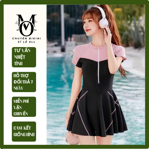 Đồ bơi liền thân nữ bikini váy bơi 1 mảnh,áo có khóa kéo trước kín đáo phối màu thời trang MOM..Shop