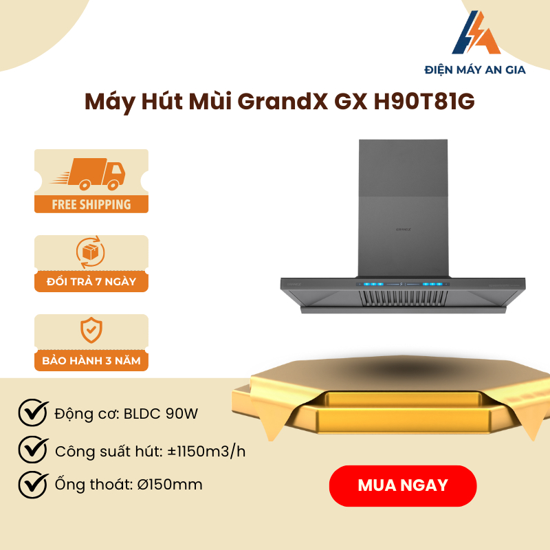 Máy Hút Mùi Áp Tường Chữ T GrandX GX H90T81G Lisa – 90cm – Khử Mùi Than Hoạt Tính - PEB