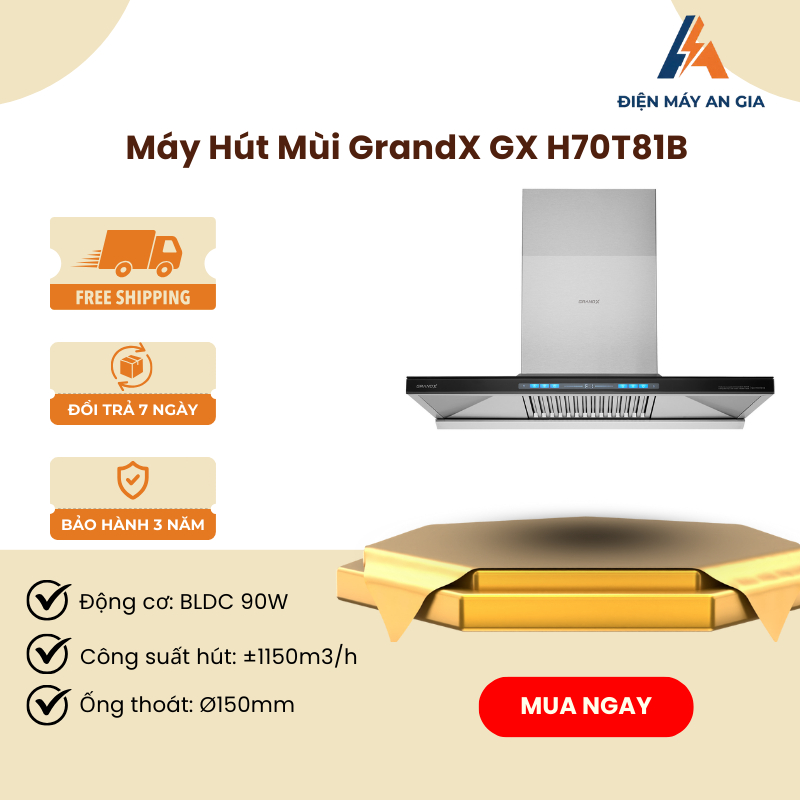 Máy Hút Mùi Áp Tường GrandX GX H70T81B Premium – 70cm – Điều Khiển Cảm Ứng – Thân Máy Inox - PEB