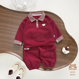  Set cho bé COCANDY -Áo dài nỉ ĐỎ phối cổ caro nâu và Quần dài ĐỎ phối 1 túi E0711,Q4331 