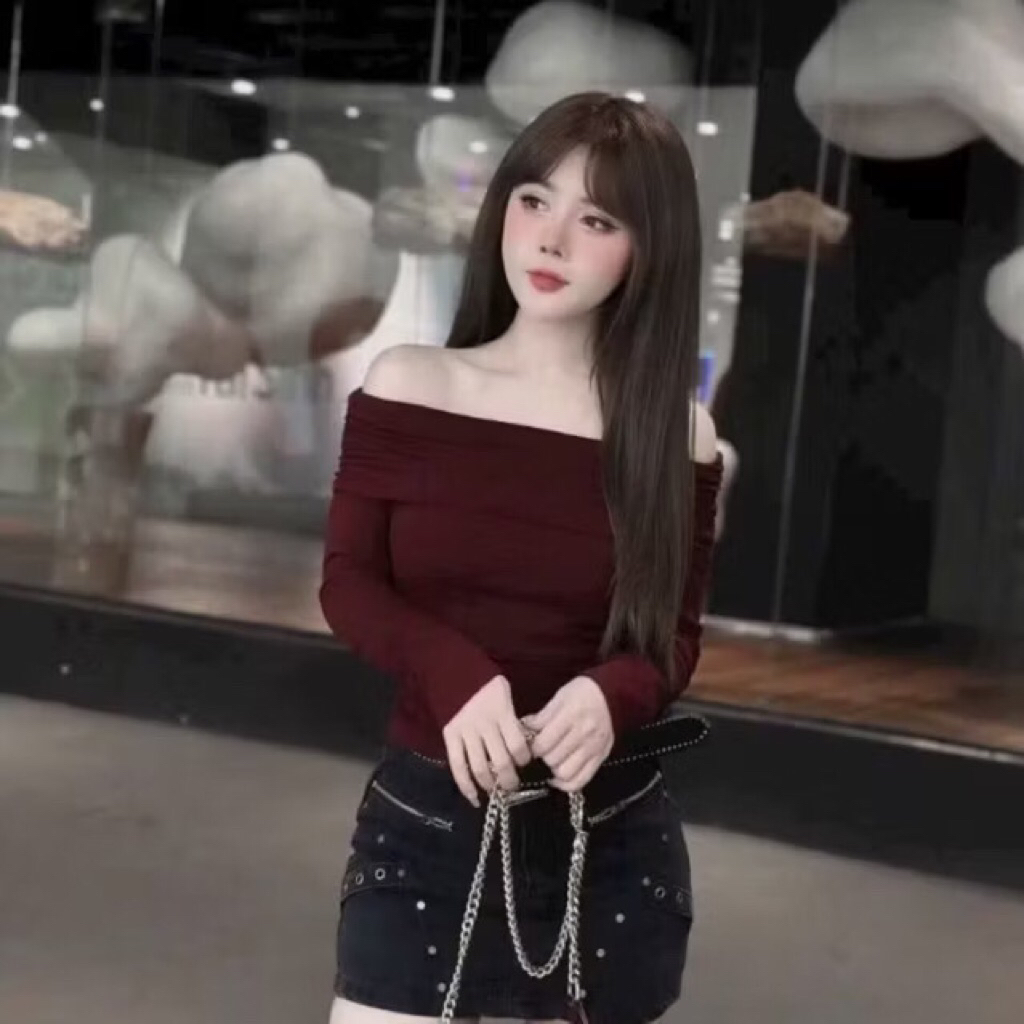 Áo Len Đỏ bẹt vai  - Áo trễ vai tiểu thư len tăm co giãn freeszize dưới 55kg | BigBuy360 - bigbuy360.vn