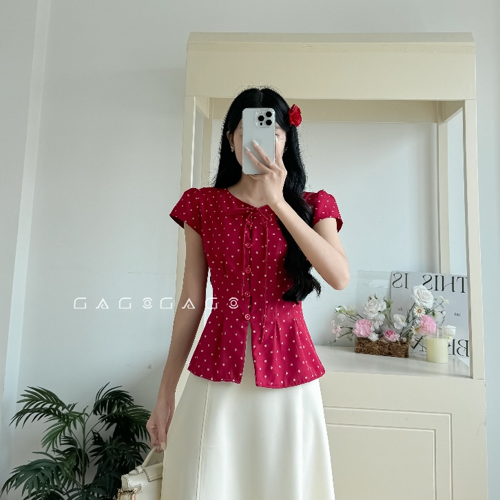 Áo Kiểu Nữ GAGO Brand Xếp Ly Eo Tôn Dáng Vải Cotton Hàn Xịn Bi Kem Chống Nhăn Có Bigsize