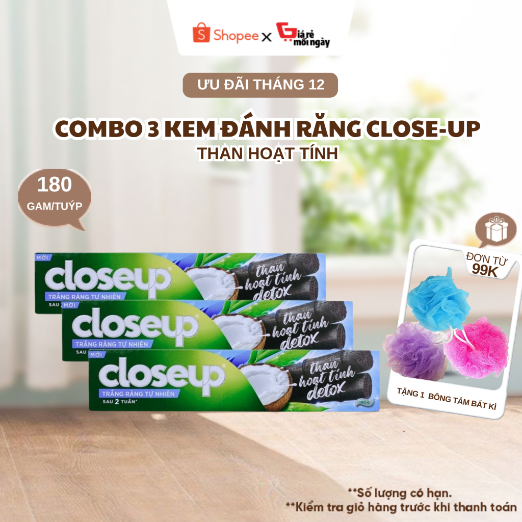 Combo 3 Kem Đánh Răng Closeup Than Hoạt Tính Detox 180gr