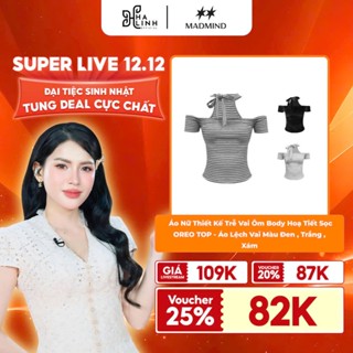    Võ Hà Linh x Madmind   Áo Nữ Thiết Kế Trễ Vai Ôm Body Hoạ Tiết Sọc OREO TOP - Áo Lệch Vai Màu Đen  Trắng  Xám 