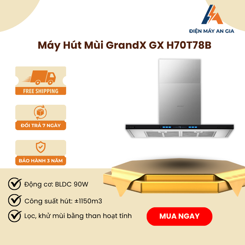 Máy Hút Mùi Áp Tường GrandX GX H70T78B – 70cm – Bề Mặt Kính Phủ Nano Metta – PEB