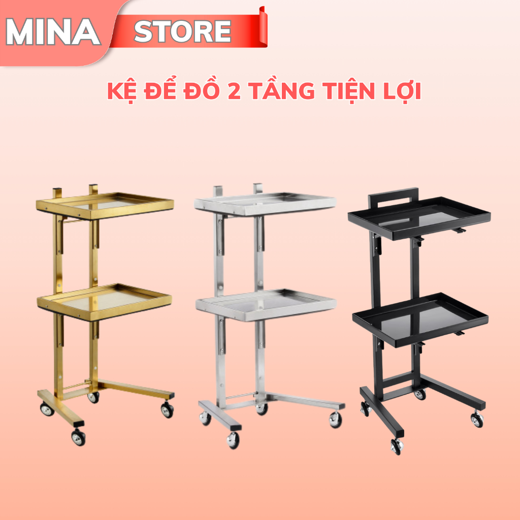Xe Đẩy Mạ Vàng | Mạ Bạc 2 Tầng | Kệ Inox Mạ Vàng | Mạ Bạc | Dùng Trong Phun Xăm Thẩm Mỹ, Tóc, Spa, Tiêm Filler