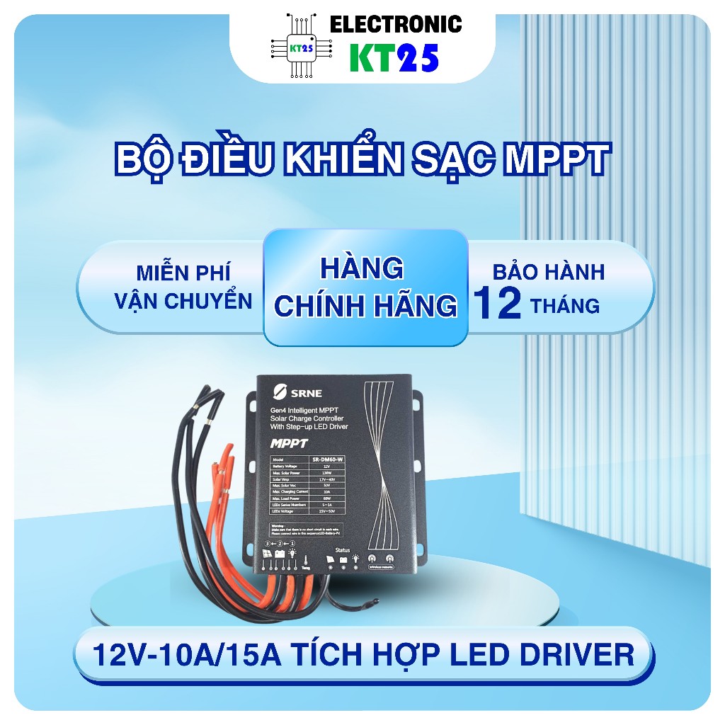 Bộ điều khiển sạc năng lượng mặt trời SRNE, bộ sạc MPPT 12V-10A/15A tích hợp LED driver