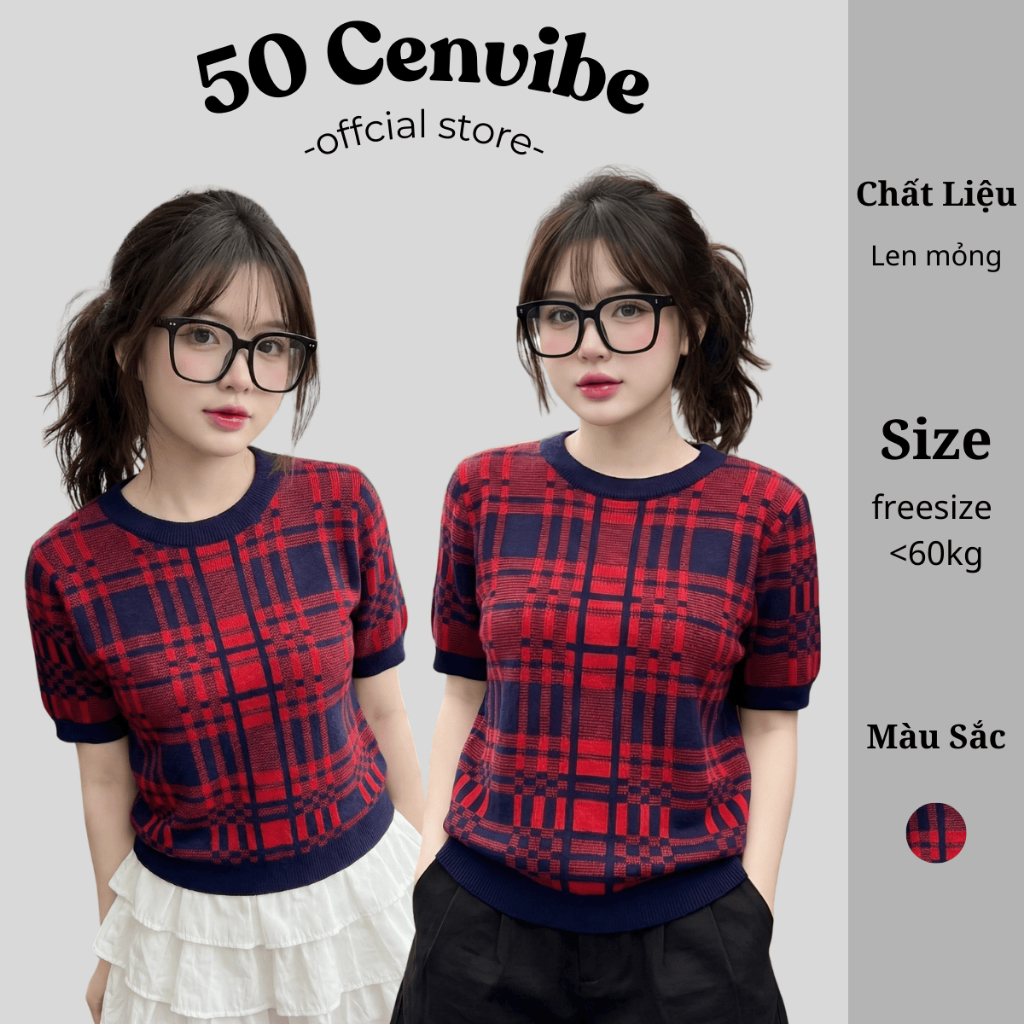 Áo Len Mongtoghi Cộc Tay Cổ Tròn Phối Viền Họa Tiết Caro Xanh Nauy Cùng Đỏ Phong Cách Korea (50 Cenv