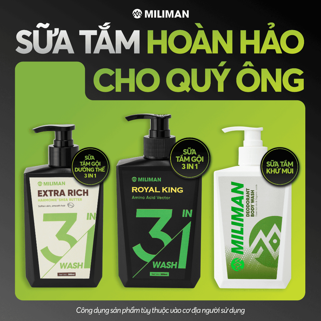 Sữa Tắm Nam 3 in 1 MILIMAN 300ml - Làm Sạch An Toàn, Lành Tính Từ Thực Vật
