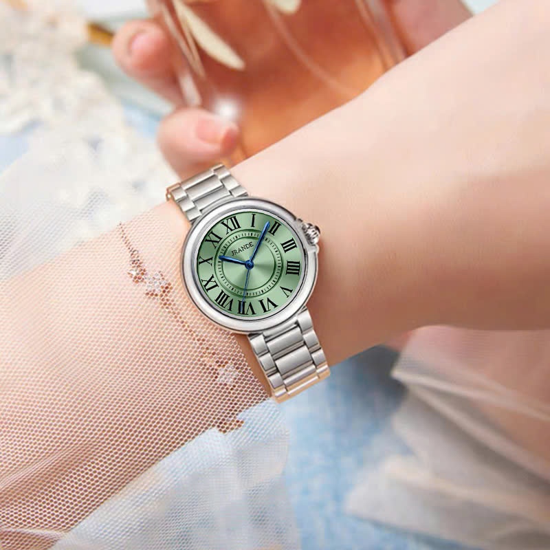 Đồng hồ nữ Jrande mặt tròn, kim xanh, dây kim loại