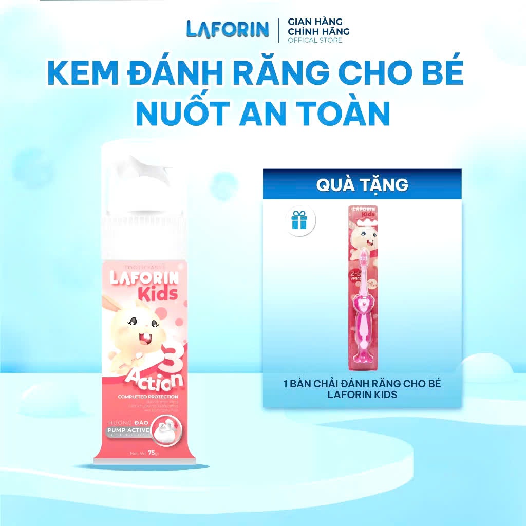 Kem Đánh Răng Laforin Kid Đào - Giảm Sâu Răng, Không Cay, Nuốt An Toàn Cho Bé Từ 2 Tuổi (Tuýp 75g)