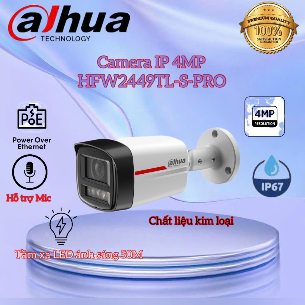 Camera IP 4MP WizColor DAHUA DH-IPC-HFW2449TL-S-PRO,Tích hợp mic,Tầm xa LED trắng thu hình có màu 50