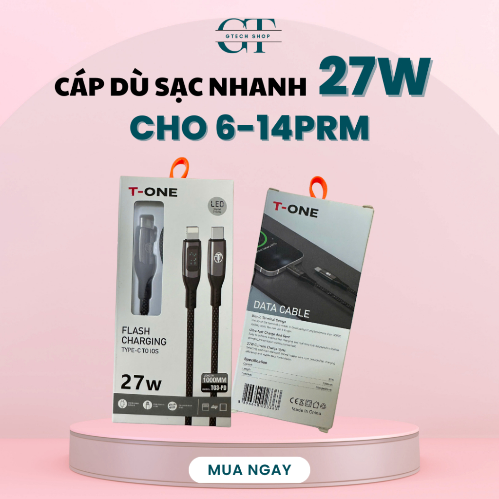 Dây cáp dù sạc nhanh 27W T-ONE cho IP 6 đến 14prm, màn hình led hiển thị dòng điện chuẩn GTech