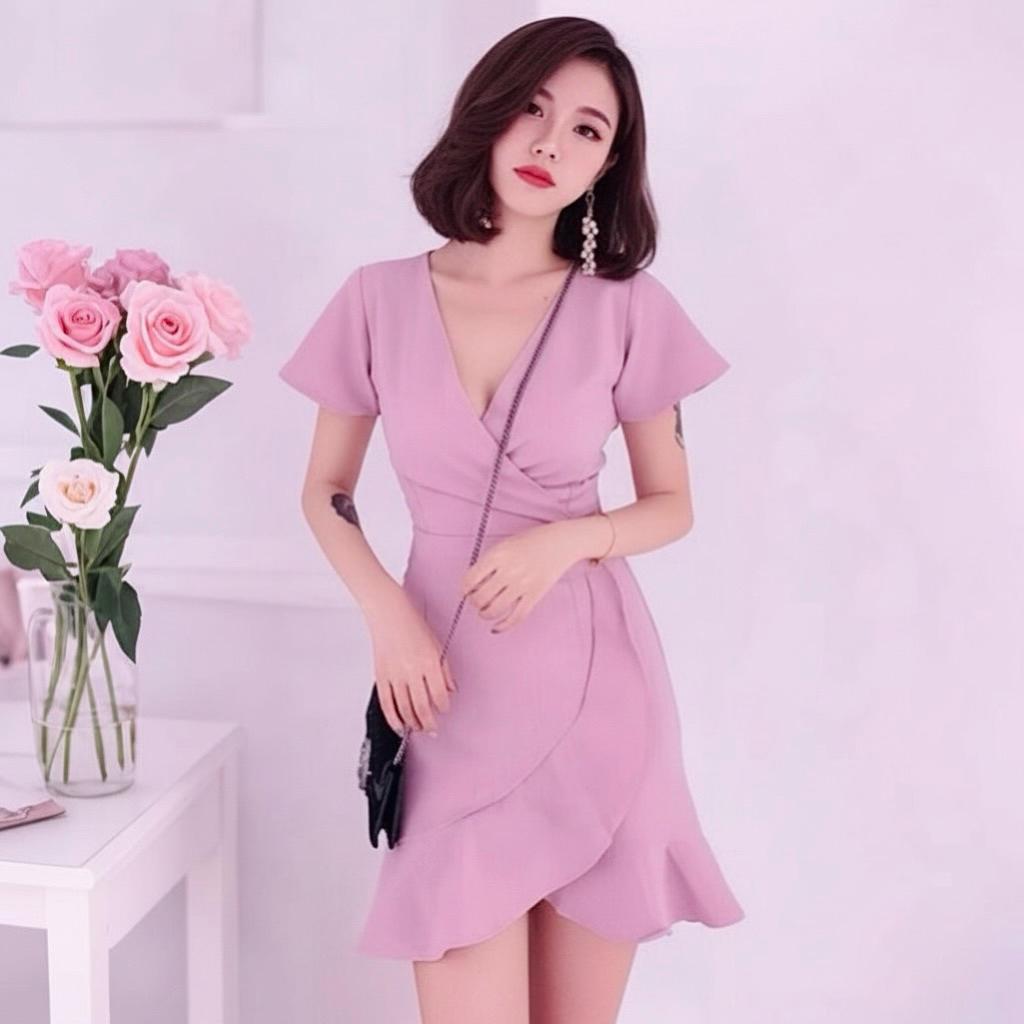 Đầm dạo phố phối bèo lệch tà 2 màu, váy du lịch (kèm hình thật)