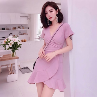 Đầm dạo phố phối bèo lệch tà 2 màu, váy du lịch (kèm hình thật)