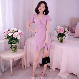 Đầm dạo phố phối bèo lệch tà 2 màu, váy du lịch (kèm hình thật)