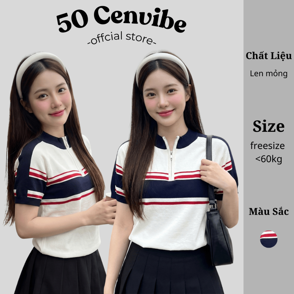 Áo Len Dệt Kim Cộc Tay Cổ Tròn Kéo Khóa Phong Cách Basic Dáng Vừa Dễ Mix Đồ (50 Cenvibe) 1-4008