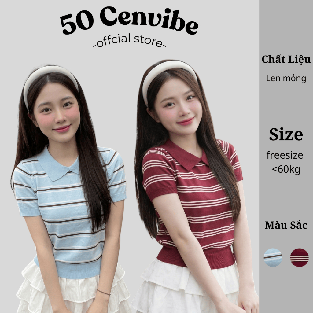 Áo Len Mỏng Cổ Bẻ Sọc Ngang Nữ Áo Dệt Kim Ngắn Tay Form Gọn Xinh Hàn Quốc (50 Cenvibe.Clothing) #403