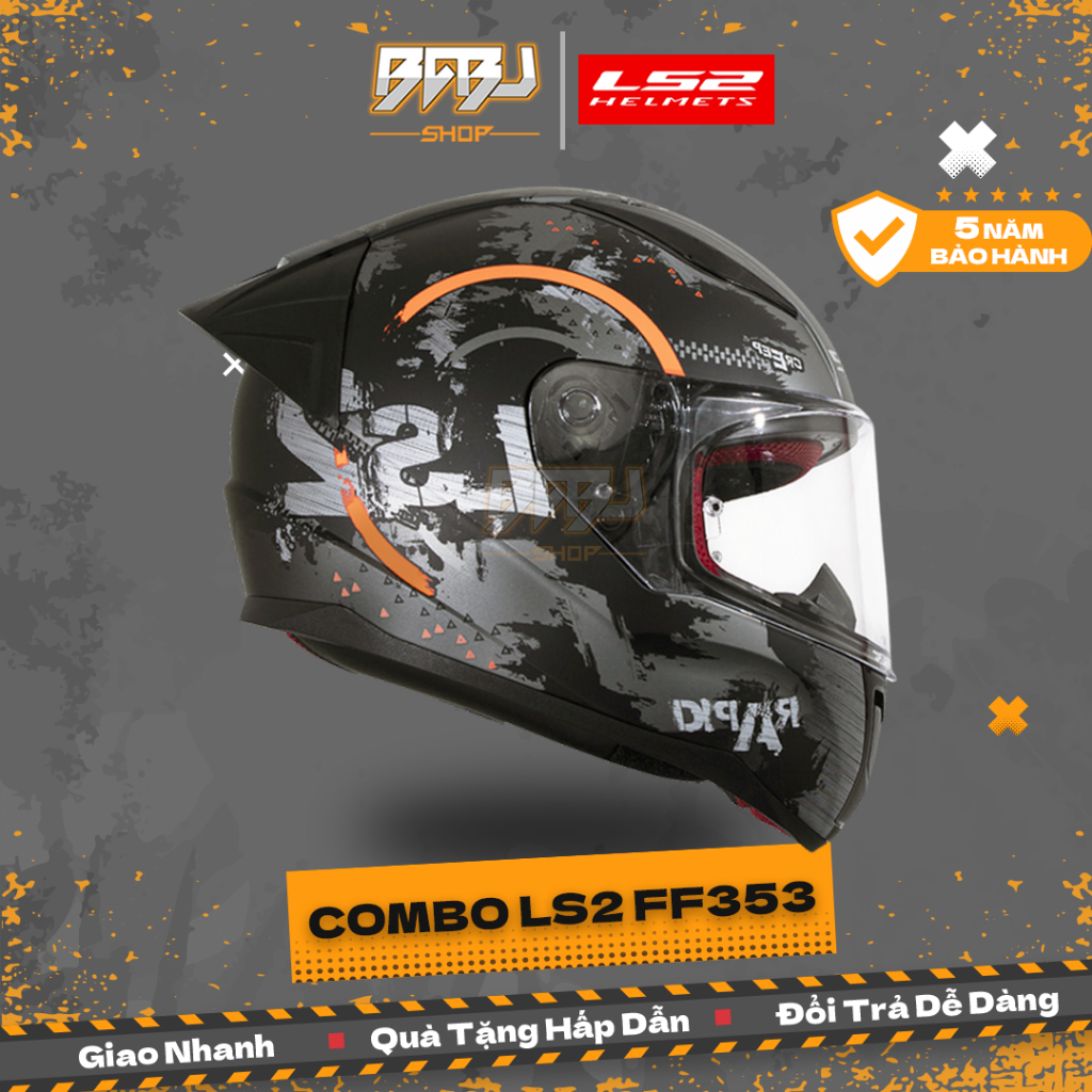 Combo Mũ Fullface LS2 FF353 Creep Xám Cam Và Đuôi Gió Chuẩn ECE 22.06