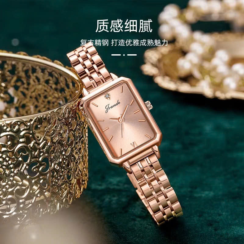 Đồng hồ nữ Jrande 7208 mặt chữ nhật nhỏ, dây kim loại