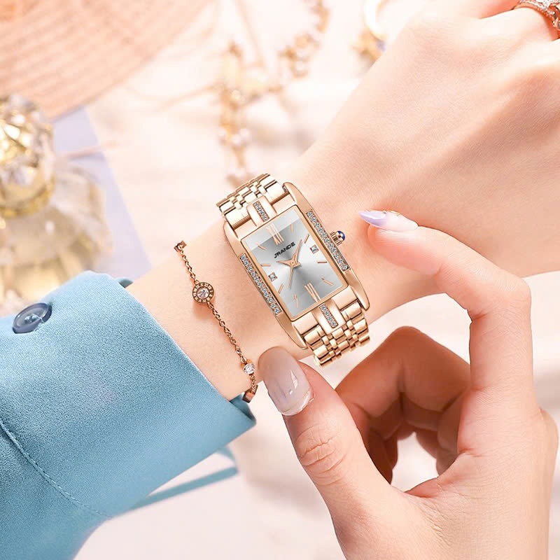 Đồng hồ nữ Jrande 7635 mặt chữ nhật, viền đính đá, dây kim loại