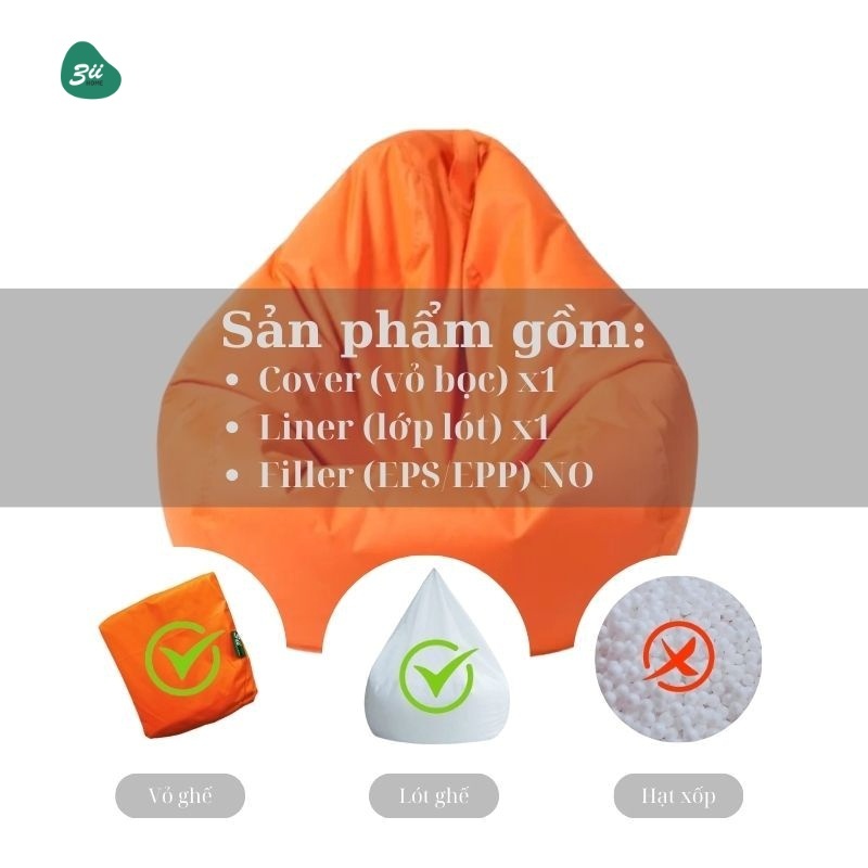 Ghế Lười Hạt Xốp 3II HOME Combo Lót Vỏ Ghế Vải Trượt Nước Chống Thấm Phù Hợp Cho Outdoor Lẫn Indoor