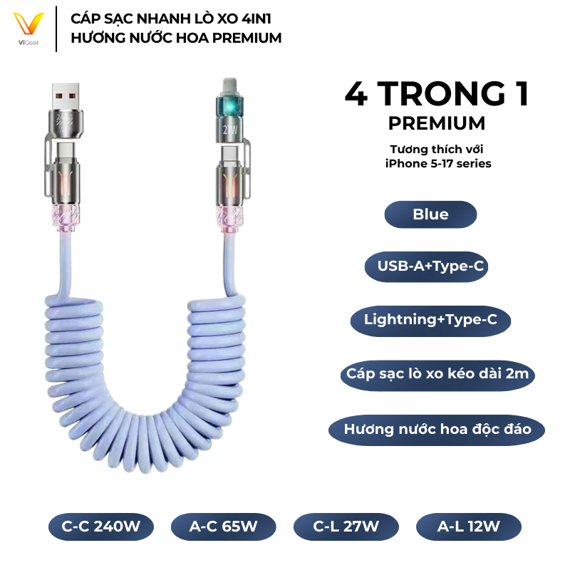 Cáp Sạc Nhanh Lò Xo 4in1 Hương Nước Hoa PREMIUM Công Suất 240W Kéo Dài 2m Sạc Nhanh Cho Nhiều Thiết 