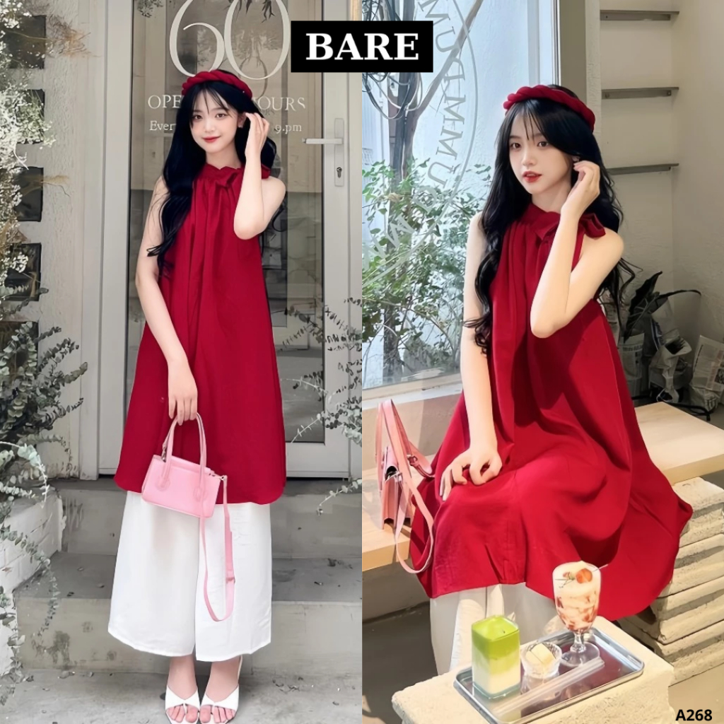 BARE_Set áo dài nữ áo cổ yếm cột nơ xinh xắn vải voan kèm quần ống rộng mặc đi chơi tết- A268