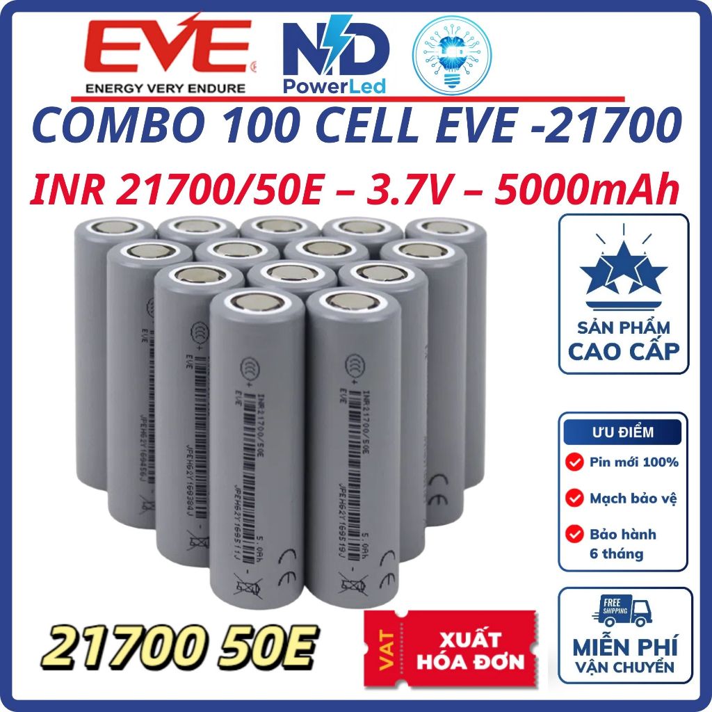100 Cell Pin 21700 EVE 50E 5000mah xả 3C/15A hàng mới 100% Chính Hãng