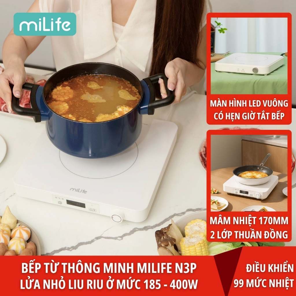Bếp từ miLife N3P với 99 mức nhiệt vuông, hẹn giờ, tạm dừng,công suất 2100w, màn hình led