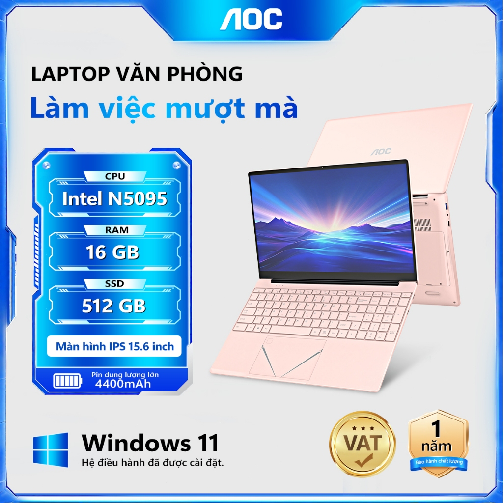 Laptop NoteBook AOC 15.6 inch N156 Intel N5095 16GB 512GB Win11 pro Bạc Hồng Máy mới 100%, chính hãn