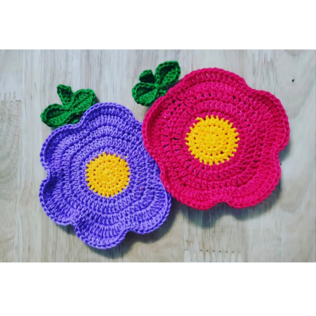 ( Hình thật ) Lót ly handmade crotchet hình hoa kawaii bằng len - Lalahome craft