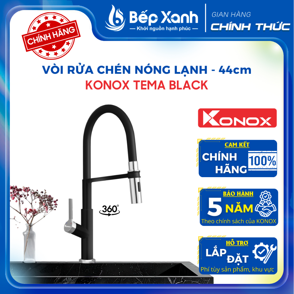 Vòi rửa chén nóng lạnh KONOX thân mềm Tema Black - Bảo hành chính hãng 5 năm
