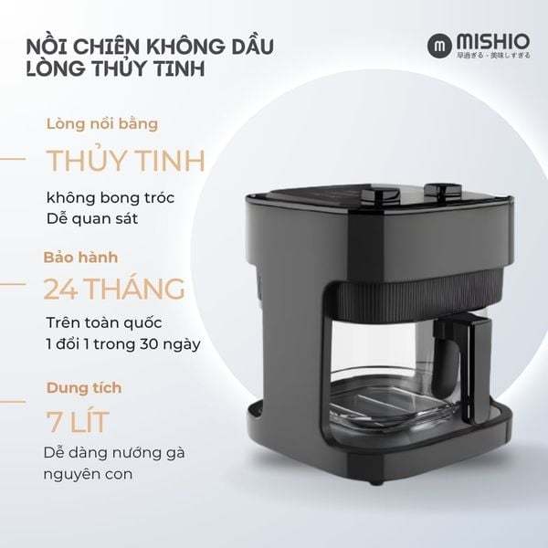 Nồi chiên không dầu thủy tinh Mishio MK373 | Dung tích 7 lít lòng nồi không bong tróc gỉ sét