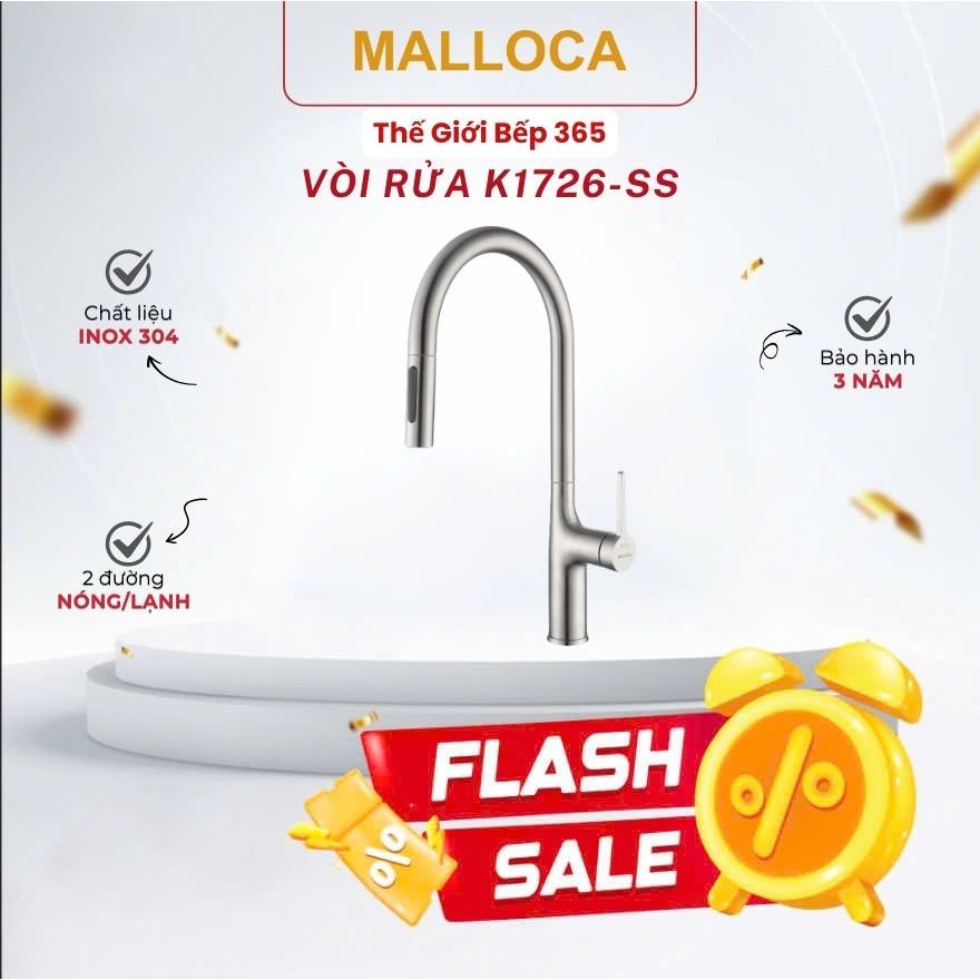 Vòi Rửa Chén Bát Inox Malloca K1726-SS - Inox 304 Cao Cấp, Hoạt Động Êm, Không Rò Rỉ