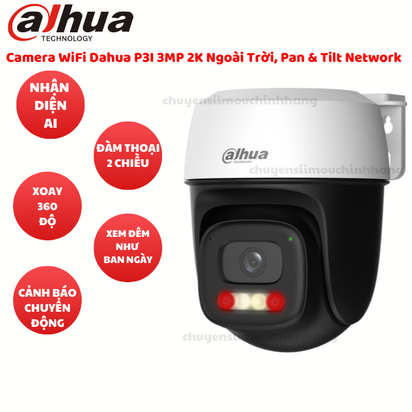 Camera WiFi Dahua P3I 3MP 2K Ngoài Trời, Xoay 360°– Pan & Tilt Network Camera, Bảo hành 2 năm